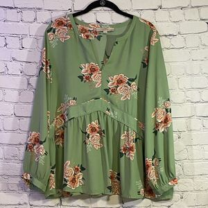 Loft Women's Long Sleeve Blouse Size L Green Floral Split Neckline Banded Cuffs